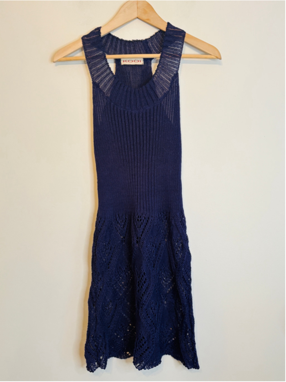 Vintage Kooi Blue/Purple Knit Open Work Mini Dress Tunic XS Boho Luxe Mystical